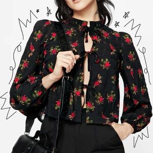 Disturbia Black Floral Tie-Front Crop Blouse with Red Rose Print